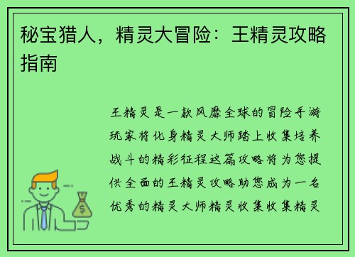 秘宝猎人，精灵大冒险：王精灵攻略指南
